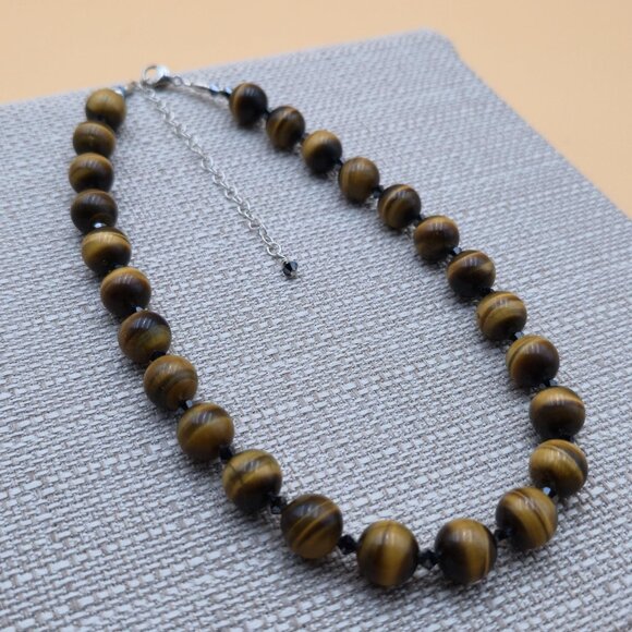 17+3 Inch Sterling Silver Heavy Tiger's Eye Stones Necklace B744 - Picture 2 of 6